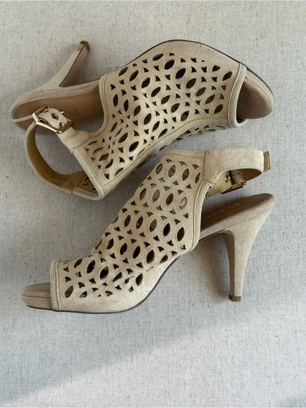 Reba Nude Suede Laser Cut Peep Toe Heels - Ankle Strap Size 8.5